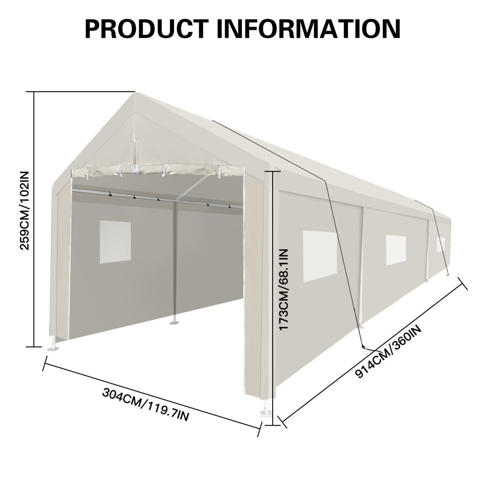 Carport, 10×30 Heavy Duty Portable Carport Garage Tent for Outdoor Storage Shelter white with window