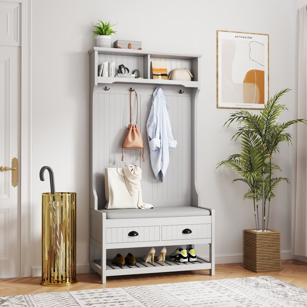 3-in-1 Hallway Hall Tree with 2 Storage Drawer and 4 Coat Rack, Wooden Entryway Shoe Rack Bench with Padded Seat Cushion, Mudroom Bench with Top Storage Shelf