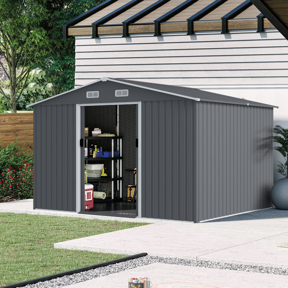 Outdoor Storage Shed 8 x 12 FT Large Metal Tool Sheds, Heavy Duty Storage House with Sliding Doors with Air Vent for Backyard Patio Lawn to Store Bikes, Tools, Lawnmowers Grey