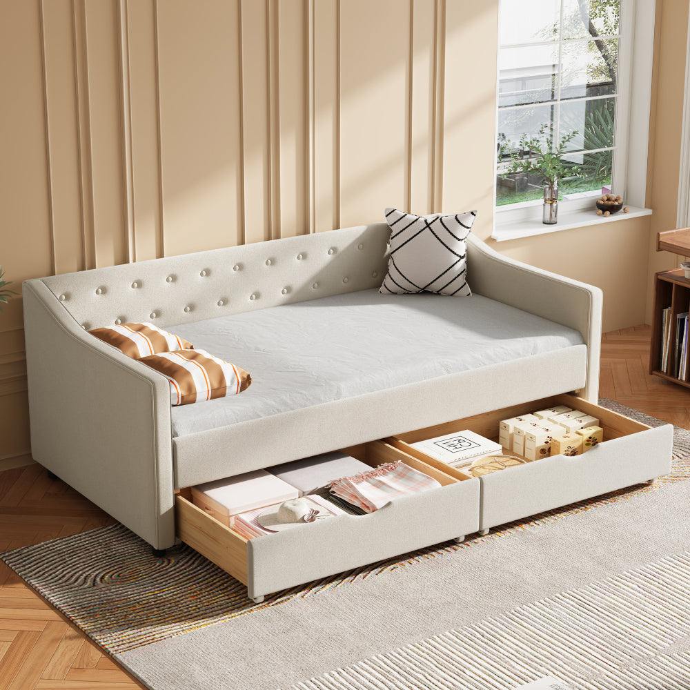Twin Size Daybed with Drawers Upholstered Tufted Sofa Bed, with Button on Back and Piping on Waved Shape Arms-Light Grey