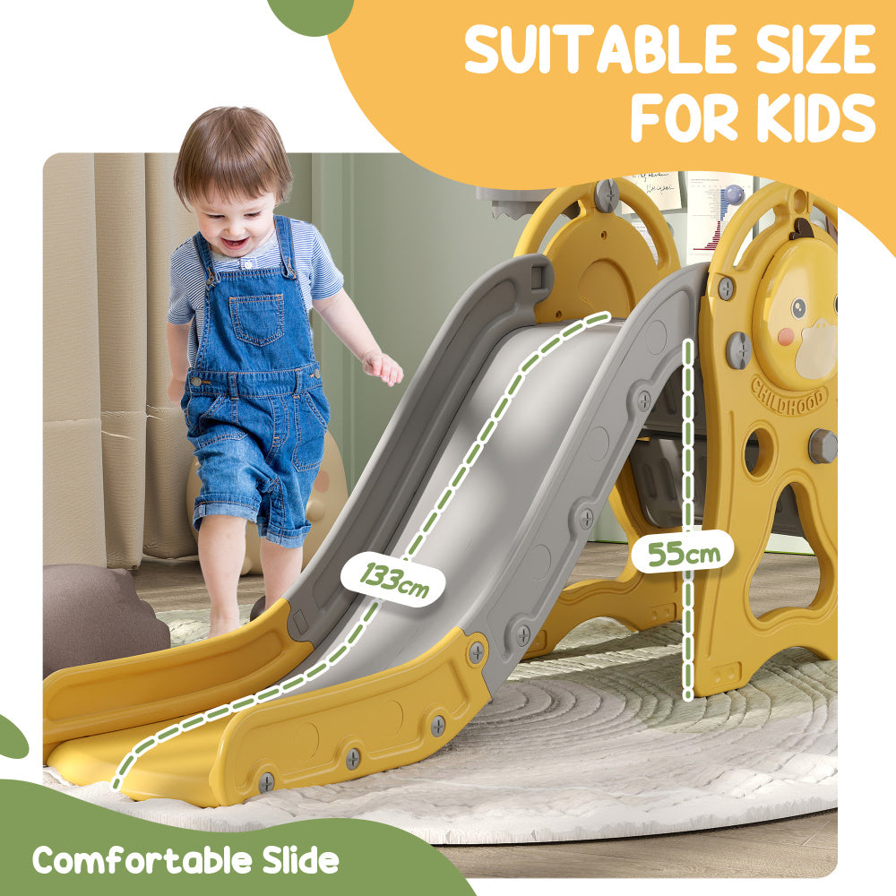 Qaba Toddler Slide, 3 in 1 Slide for Kids Ages 1-3 Years, Indoor Slide with Basketball Hoop, Climber, Duck Pattern, Yellow