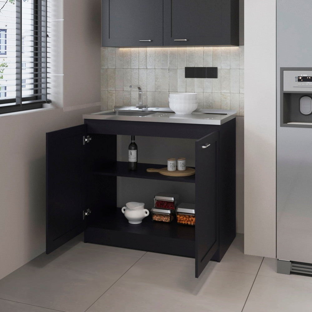 FM FURNITURE Haivana Utility Sink Base Cabinet with Double Doors and Interior Shelf, Black