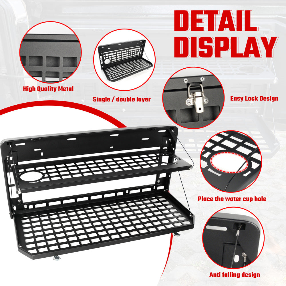 2-Tier Tailgate Table Rear Foldable Storage Cargo Rack Outdoor Camping Desk for 2007-2022 Jeep Wrangler JK&JL 4 Door (Not Fit JK Models with Stock Subwoofer)