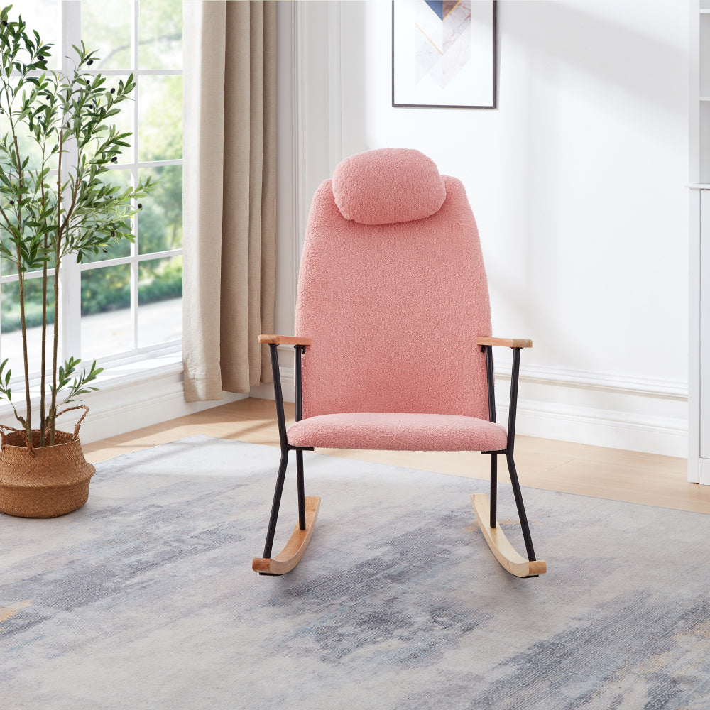 Adjustable Headrest Pillow Rocking Chair, Teddy Fabric Upholstered Glider Rocker with High Backrest, Modern Rocking Accent Chairs Comfy Side Chair for Nursery, Bedroom, Living Room (Pink)