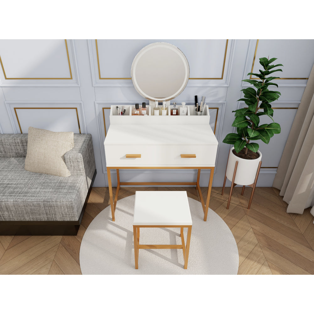 Vanity Set with Mirror and Stool - Makeup Vanity Table with Storage Drawers and Organizer, White and Gold, Space-Saving Design for Small Bedrooms