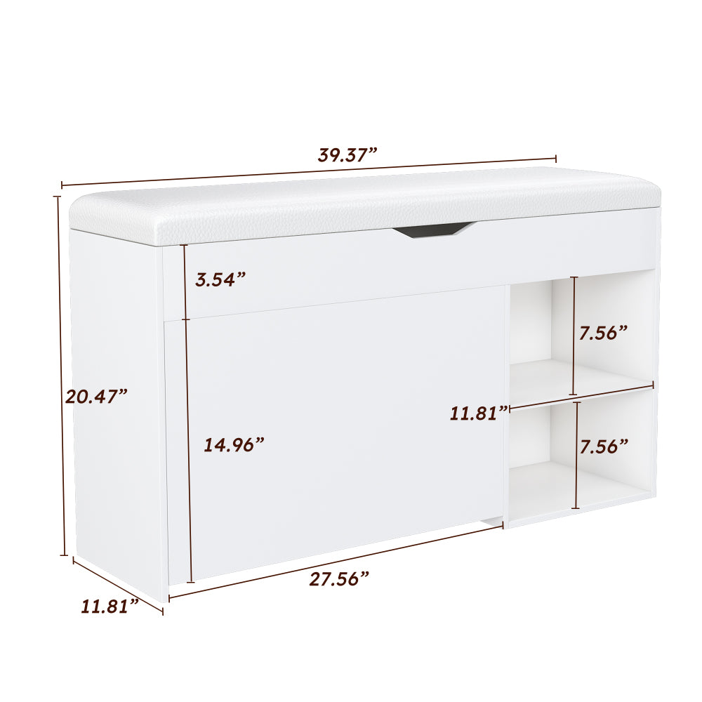 Entryway Bench with Shoe Storage,Adjustable 3-Tier Flip-Up Drawers & Hidden Cabinet,Space-Saving Shoe Organizer,Triple Storage and Modern Design,for Hallway and Living Room,White