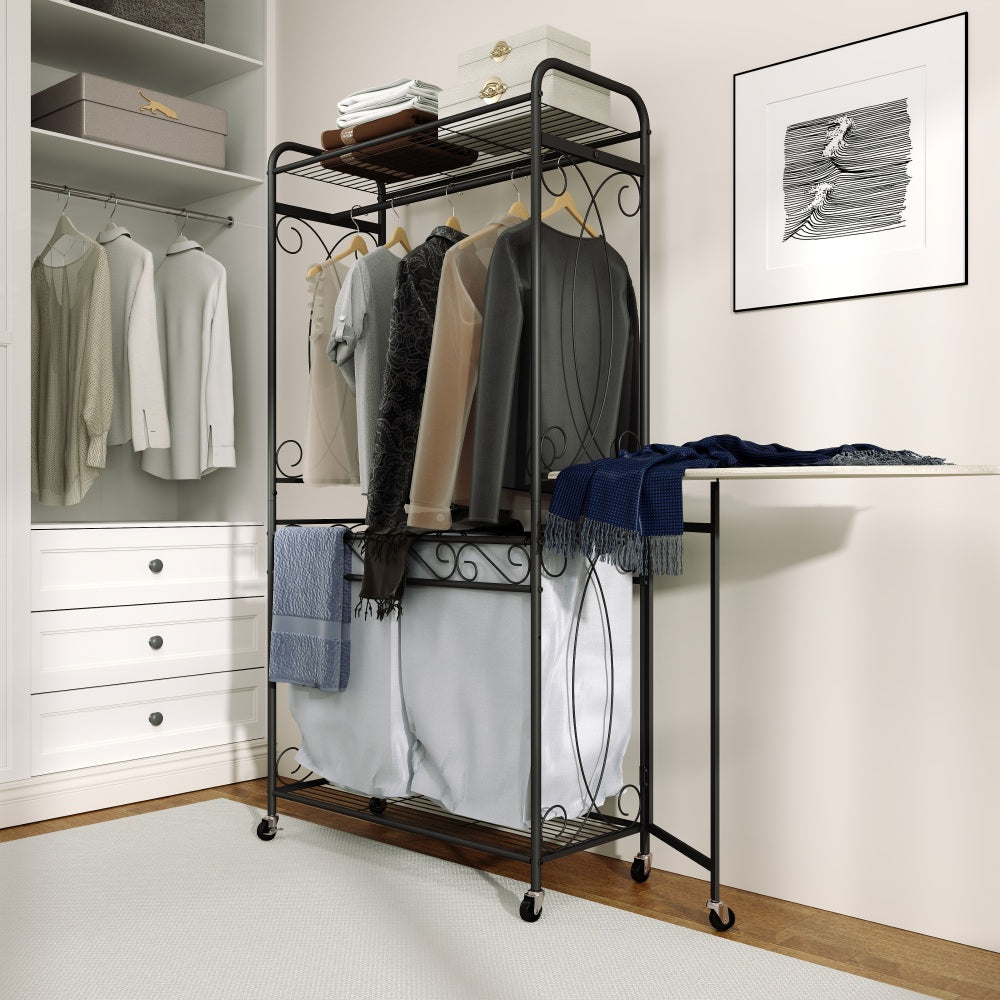 Multi-Functional Laundry Hamper Organizer with Hanging Rail and Storage Shelf – Rolling Laundry Cart with Wheels, Heavy Duty Metal Frame for Bathroom, Laundry Room, or Bedroom Organization