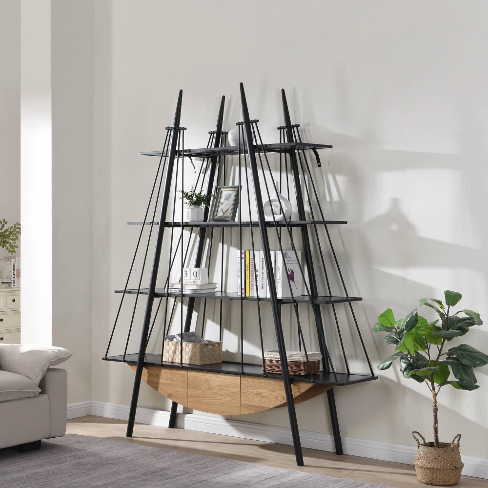 Sailboat-Inspired Bookshelf, 70.87 inch Industrial 4-Tier Open Storage Shelf with Drawer, Wooden & Metal Freestanding Bookcase, Sturdy Display Rack for Living Room, Office & Home Decoration.