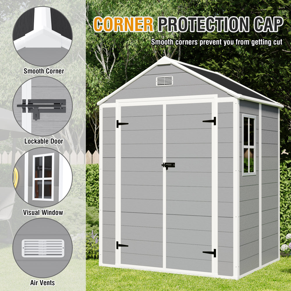 Campcraft 6*5ft resin storage shed, high quality pp material, strong structure, waterproof, rust and UV proof, large storage space, 12mm thick pp board, HD window lighting