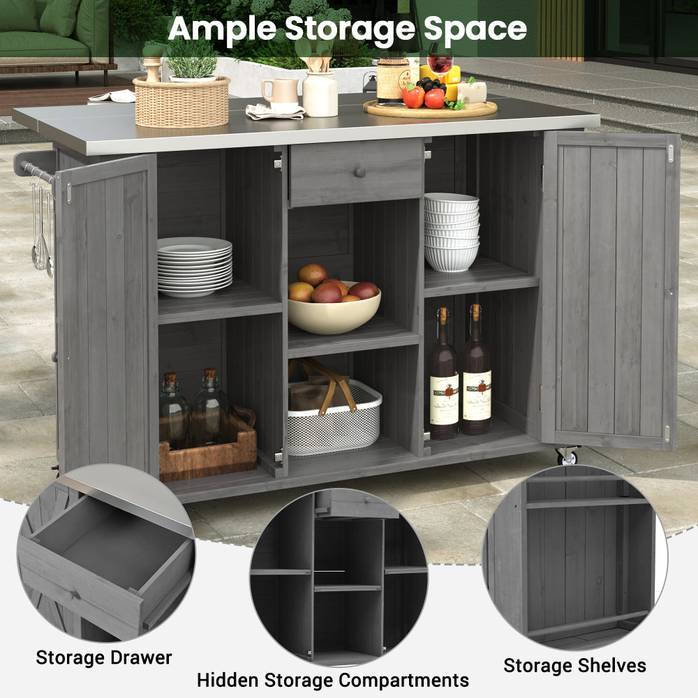 Outdoor Kitchen Island Fir Wood Kitchen Island with Stainless Steel Top, Ample Storage Space, Towel and Spice Racks and a Bottle Opener for Outdoor, Grey