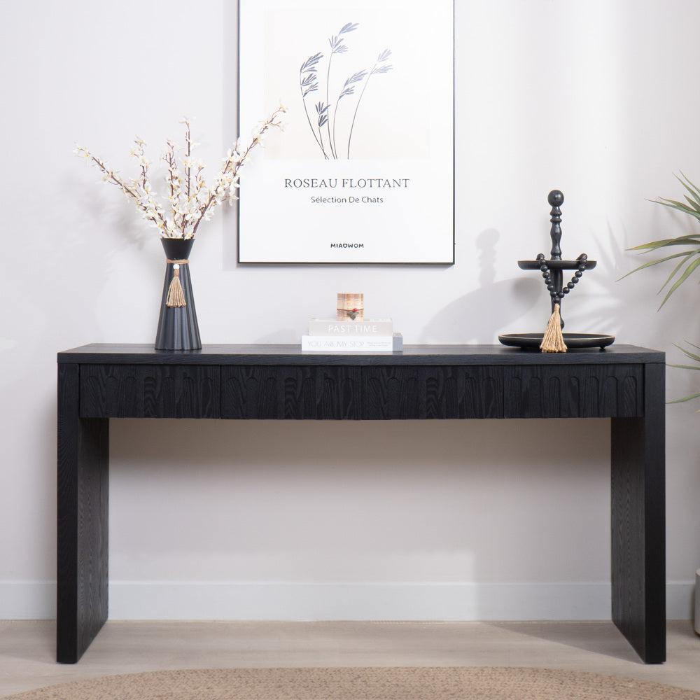Rustic Wooden Console Table with Drawer – Minimalist Design, Ribbed Texture, and Natural Finish