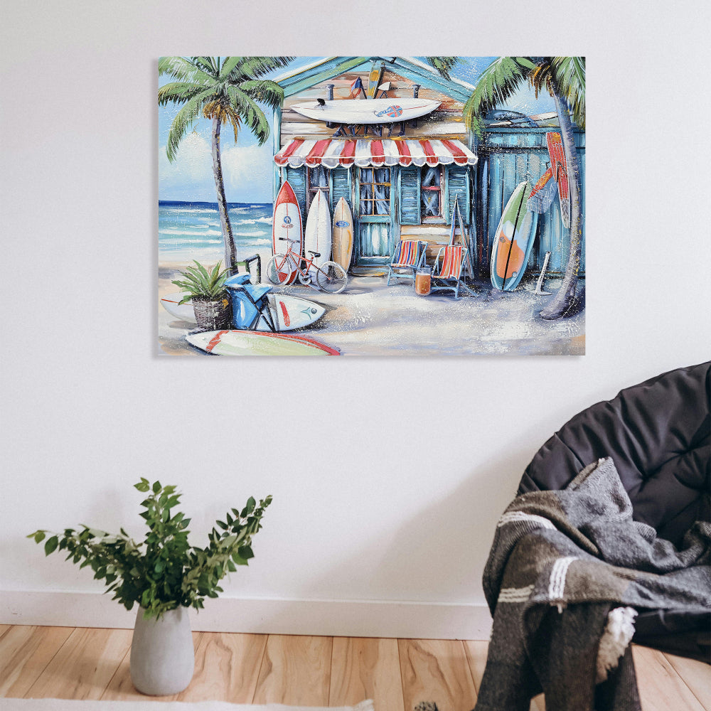 Blue Beach House Surfboard Coconut Tree Ocean Wall Art - Coastal Tropical Landscape Mural Print - Vibrant Seaside Decor for Living Room Bedroom Office decorative picture