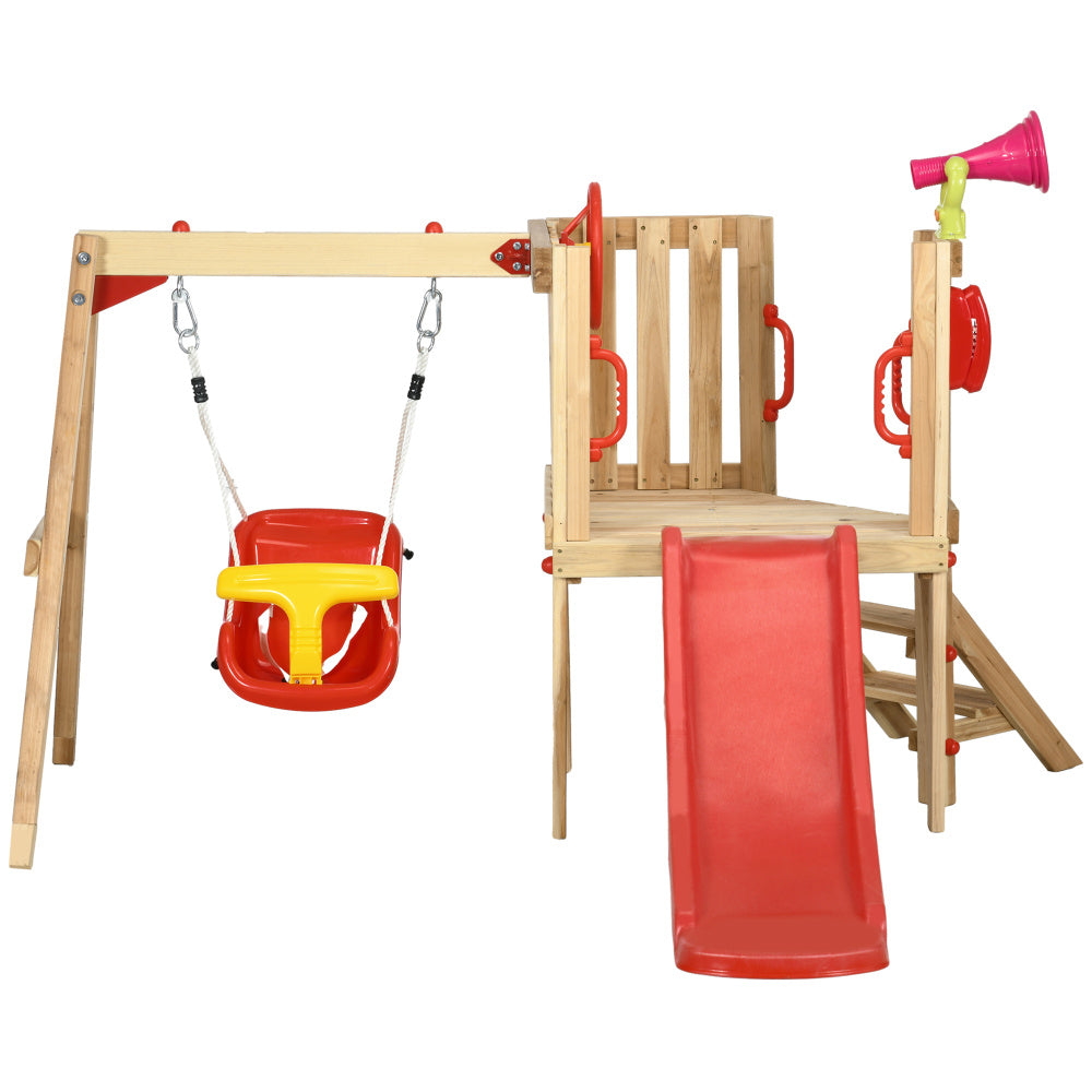 Outsunny 4 in 1 Wooden Swing Set Outdoor Playset with Baby Swing Seat, Toddler Slide, Captain's Wheel, Horn, Kids Backyard Playground Equipment, Ages 1.5-4