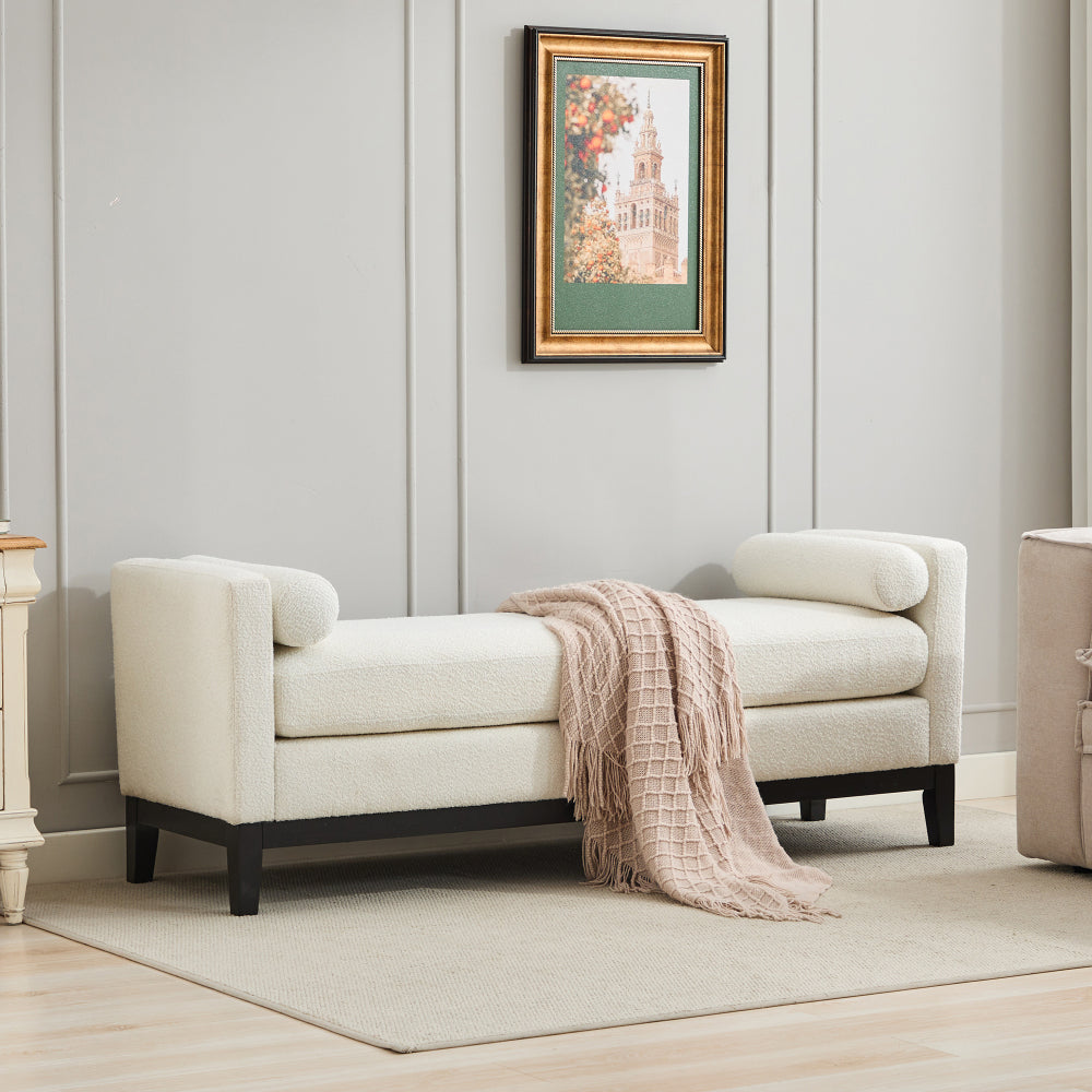 66.34"W Elegant Upholstered Bench,Daybed, Ottoman with Wood Legs & 2 Bolster Pillows for End of Bed, Bedroom, Living Room, Entryway,Ivory Boucle