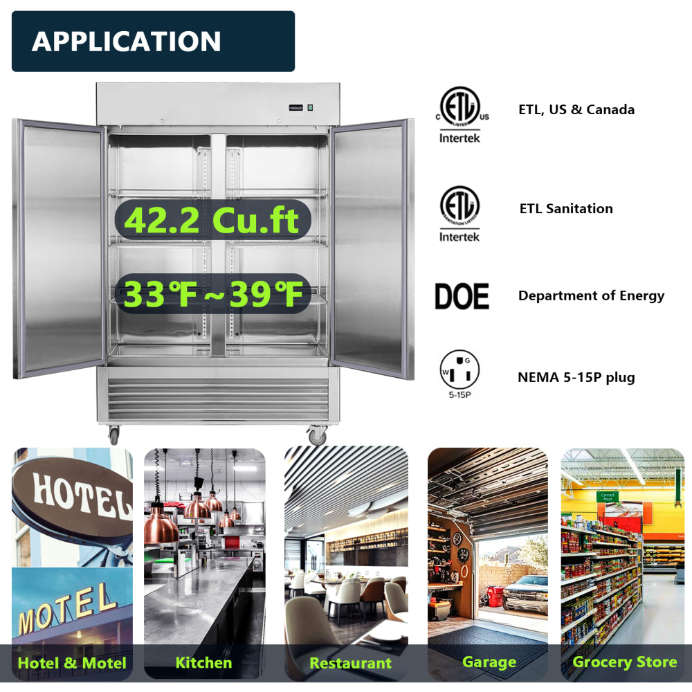 54"W Commercial Refrigerator 2 Section 2 Solid Door Stainless Steel Interior and Exterior Reach-in Refrigerator 42.2 Cu.ft. Upright Fan Cooling Refrigerator for Restaurants and Commercial Environments
