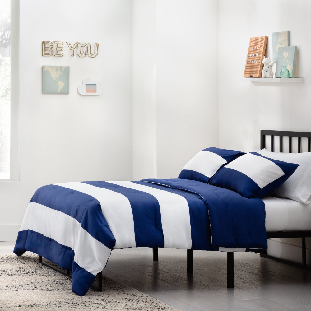 Linenspa Microfiber Designer Comforter - Rugby Stripe , Cal King, Navy