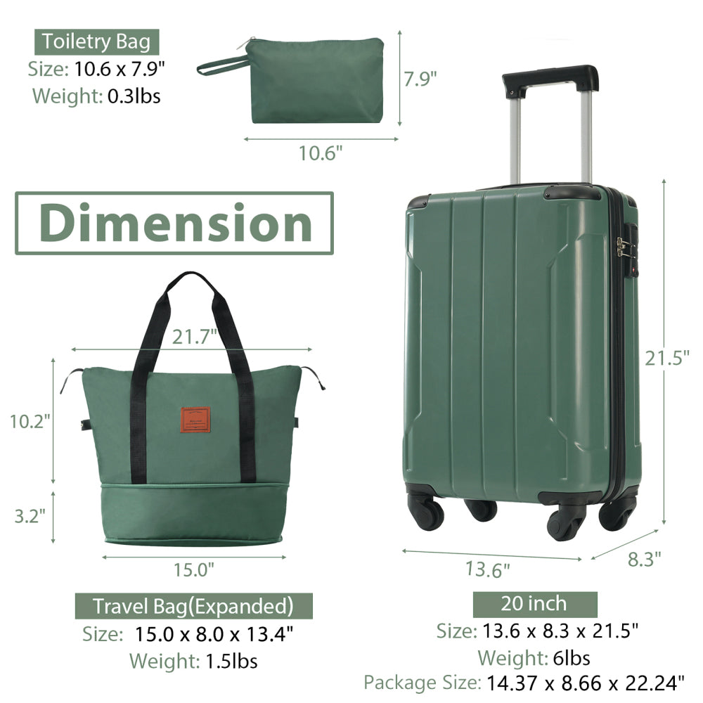 Hardshell Luggage Sets 3 Piece Carry-on Suitcases with Wheels Travel Luggage for Men Women, Green(20in)