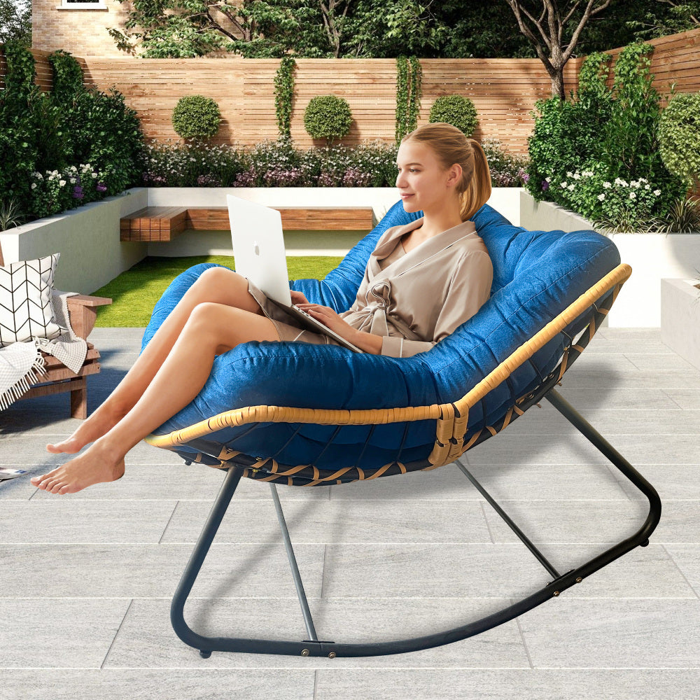 9.7Ibs Ultra-Plush Rattan Rocking Chair With Anti-Tip Design, 450LB Capacity Rattan Lounge Chair for Balcony,Living Room,Garden,Patio - Easy Assembly Blue