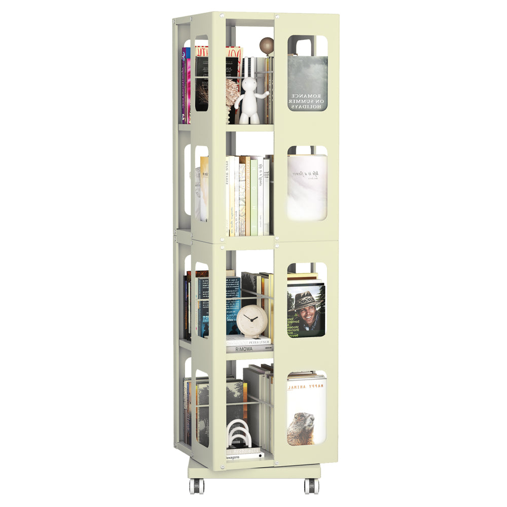 4-Tier All-Steel Rotating Bookshelf with 360° Wheels, Large Size Sturdy & Spacious Book Rack, New Style White Bookshelf,Easy Assembly