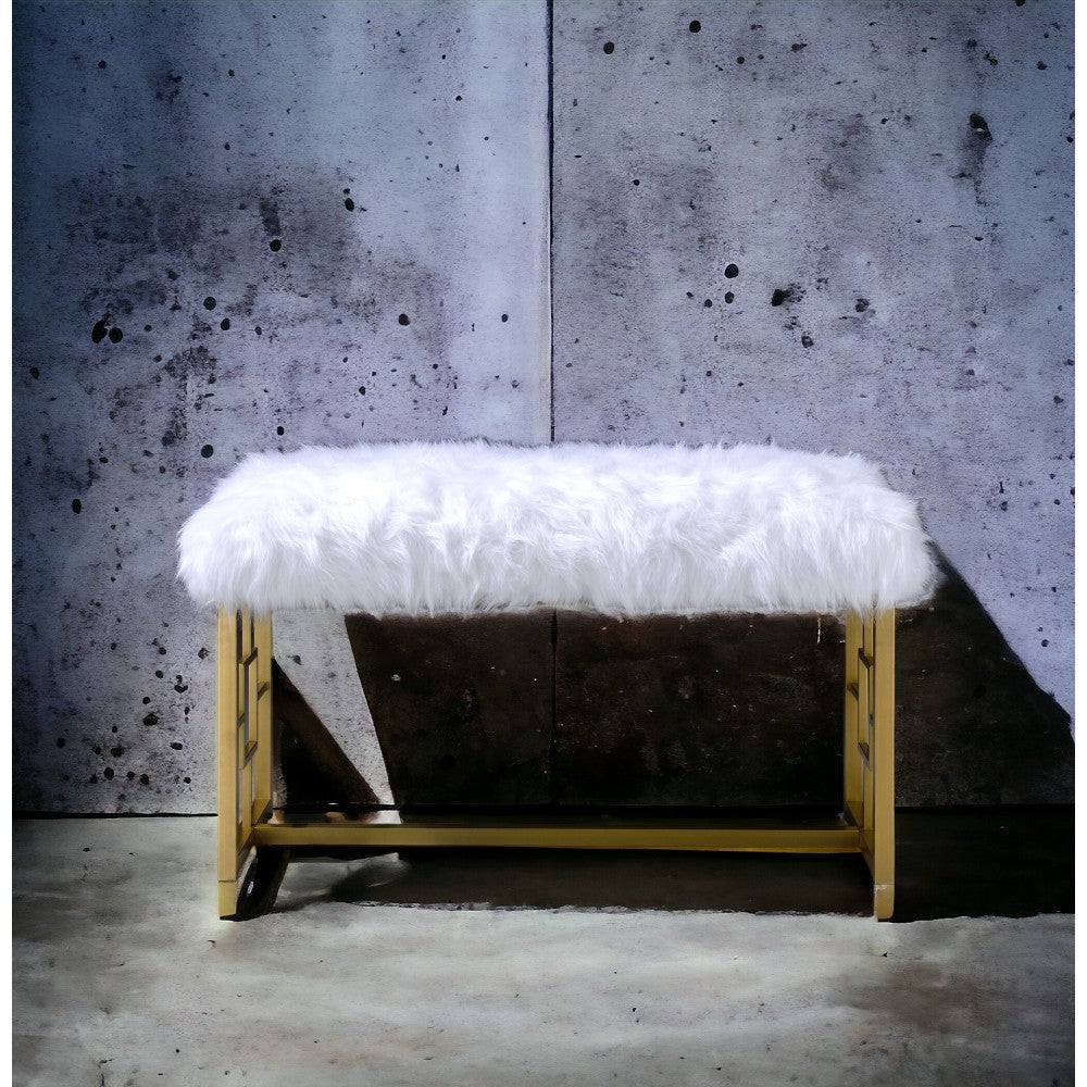 Bagley II White Faux Fur & Gold Finish Bench