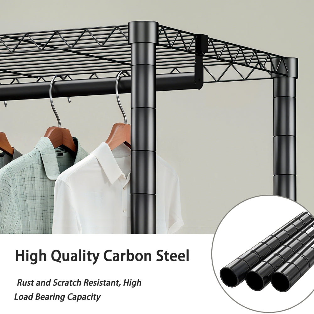 Heavy Duty Garment Rack, Freestanding Closet Organizer, Portable Wardrobe Clothes Rack, Adjustable Wire Shelving Clothes Rack with 8 Adjustable Wire Shelves and 5 Clothes Rails, Black