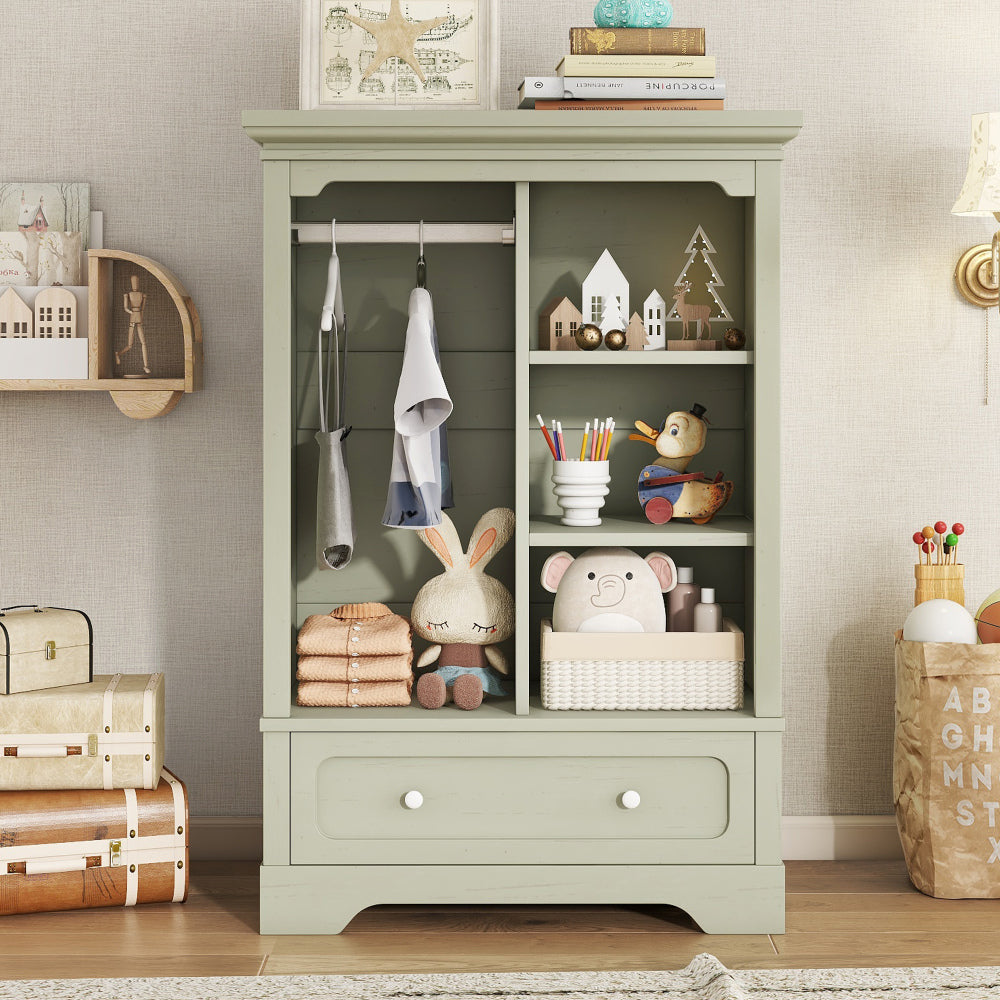 Open children's wardrobe with a hanging rod and open shelves, one large drawer, low design close to the ground for easy access,Pink.