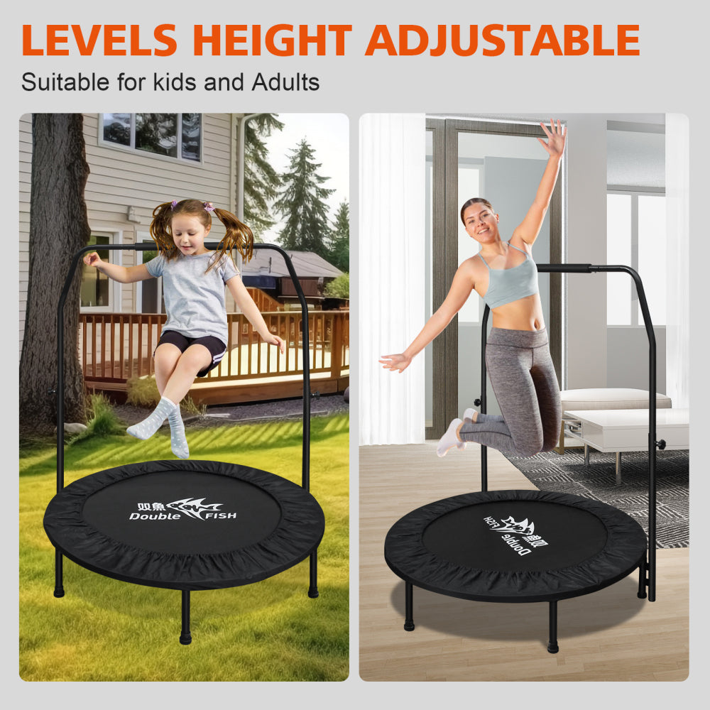 DOUBLE FISHHigh-Quality Adjustable Foam Handle 1 Mini Trampoline 40" - Supports Up To 400lbs, Black Rectangular Fitness Rebounder For Adults - Ideal For Indoor & Outdoor Workouts Eas