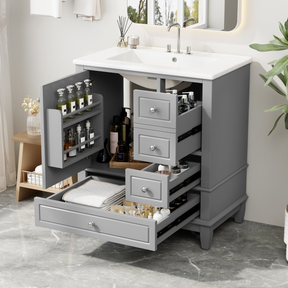 30" Bathroom Vanity with Sink, One Door with Shelf and Three Drawers, Soft Close Door, Black