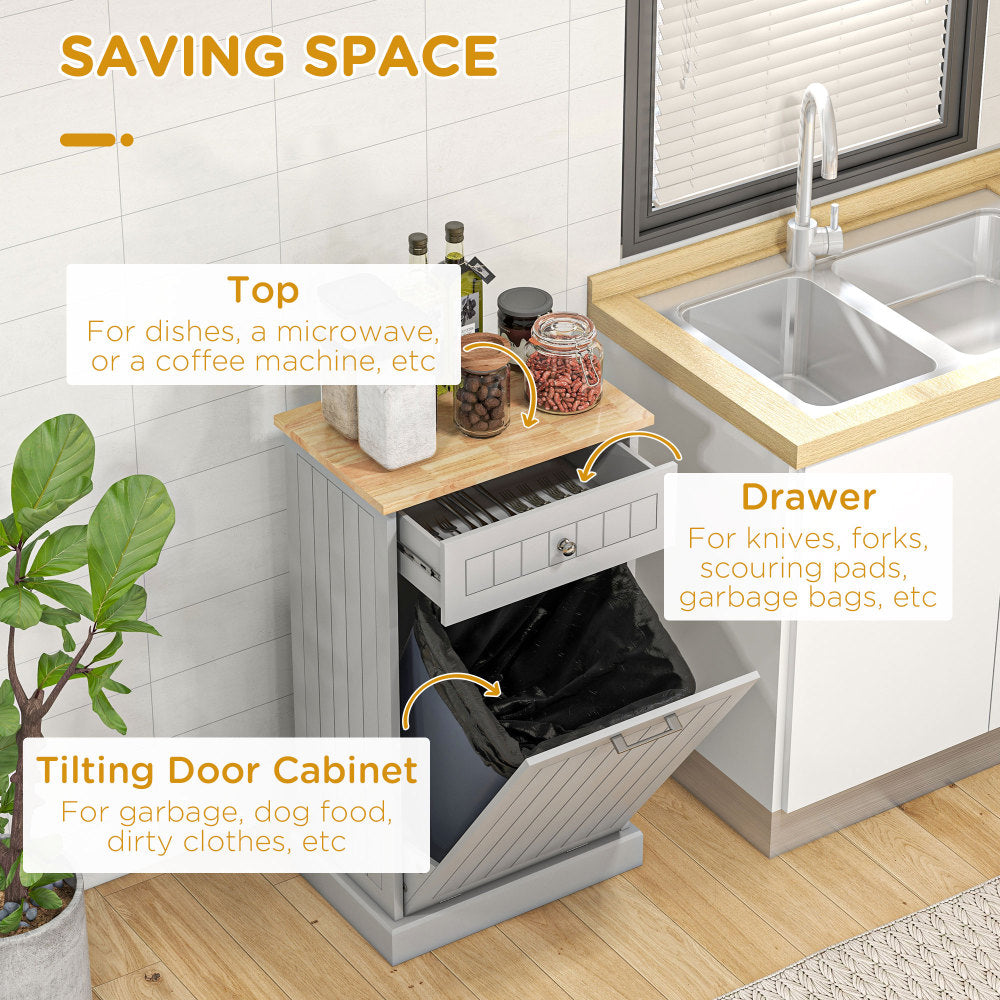 HOMCOM Kitchen Tilt Out Trash Bin Cabinet Free Standing Recycling Cabinet Trash Can Holder With Drawer, Gray