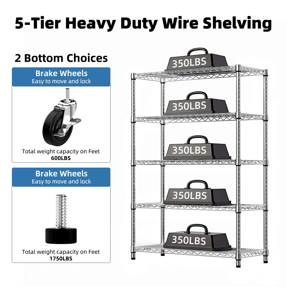 Steel Storage Shelving 6-Tier Utility Shelving Unit with Wheels, Steel Organizer Wire Rack for Home,Kitchen,Office,Garage,17.7" D x 47.2" W x 76.7" H-Chrome