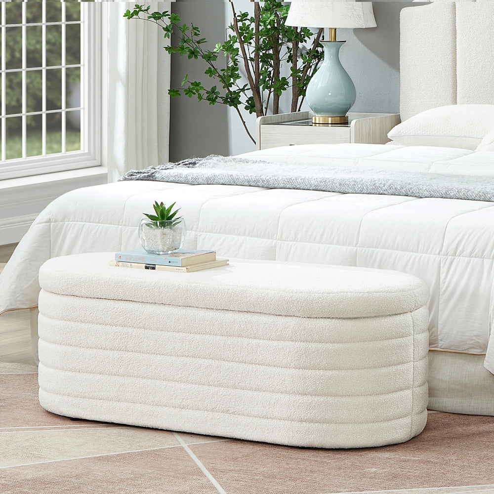 Modern Oval Storage Ottoman Bench, Upholstered Boucle Teddy Fabric End of Bed Bench with Storage, End of Bed Stool with Safety Hinge for Bedroom, Living Room, Entryway, Dark Green