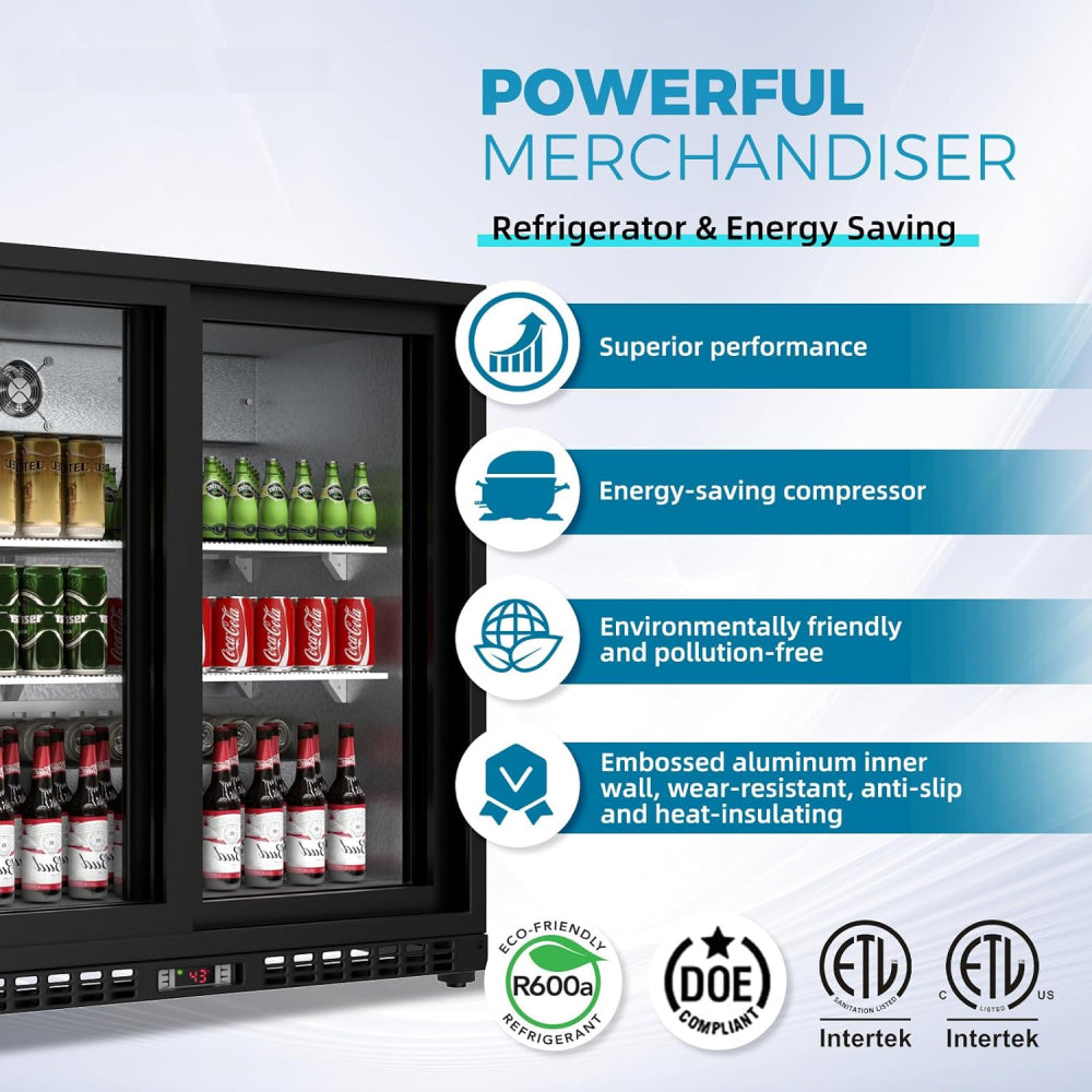 7.4 Cu.Ft Back Bar Cooler 35.4"W Beverage Refrigerator, 2 Low-E Glass Sliding Doors, Counter Height Bar Fridge, Commercial Display Refrigerator Anti-Fog, LED Light for Beer, Wine, Soft Drinks
