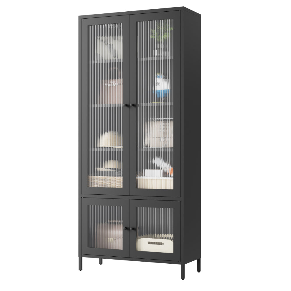 Large Metal Storage Cabinet Display Cabinet with 4 Glass Doors 5 Shelves Side Cabinet Bookcase Freestanding Cabinet for Bedroom Living Room Pantry Home Office - Black, Fluted Tempered Glass