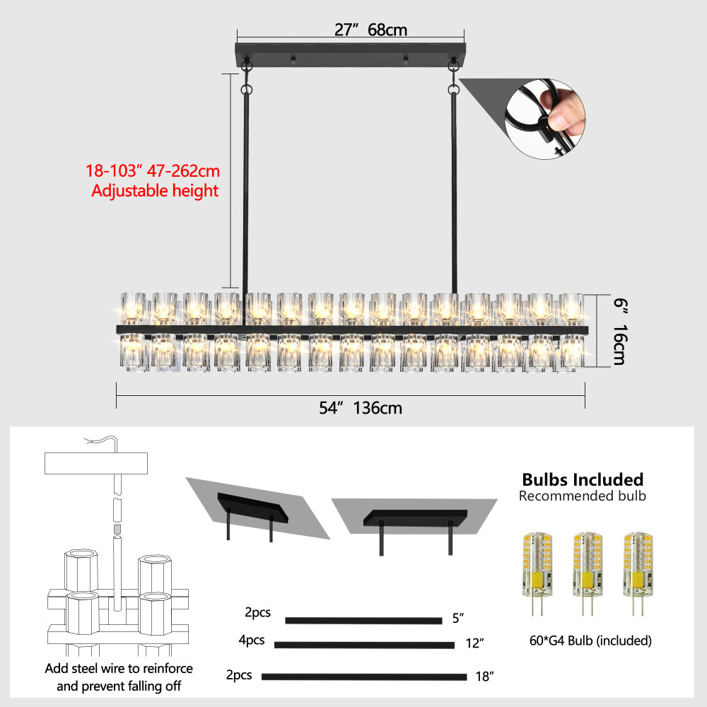 (L005030-D54-P60B/W1340P310780)Rectangular Luxurious Crystal Chandelier for Living Room & Dining Room, Black Frame with K9 Crystals