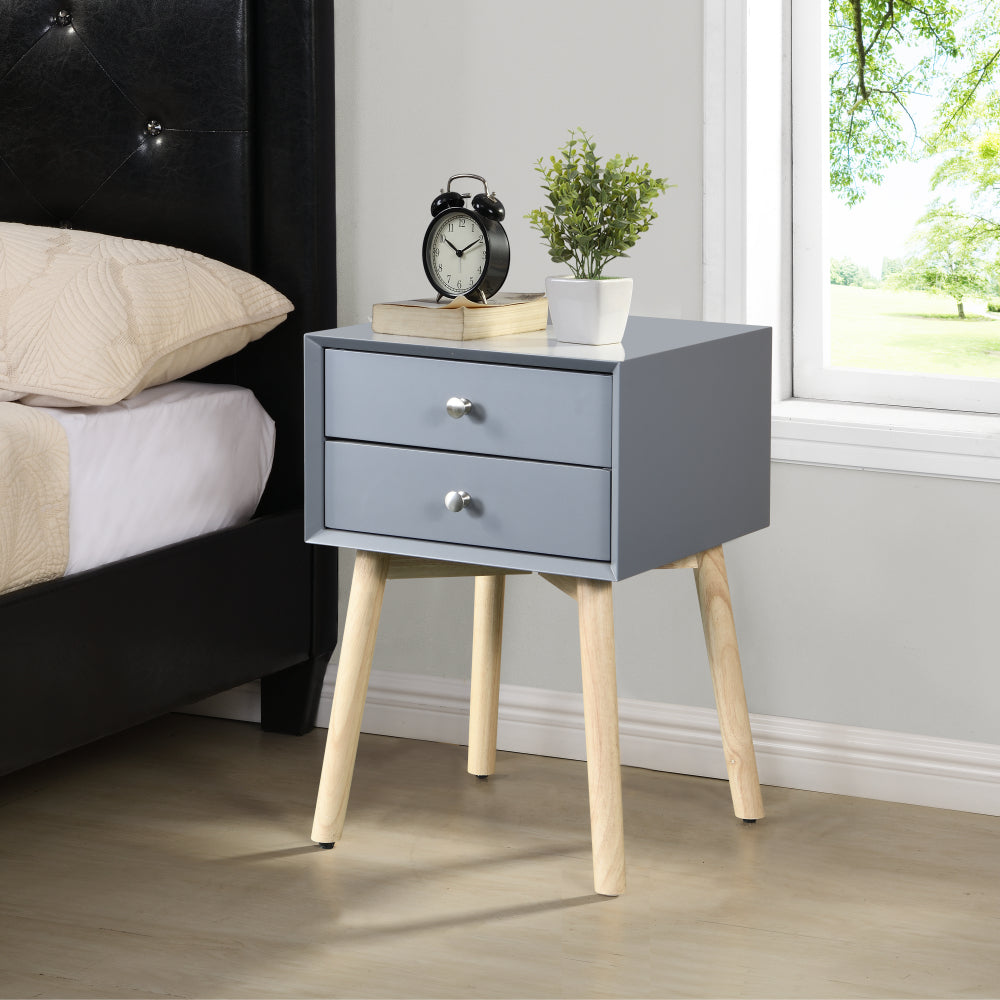 Side Table,Bedside Table with 2 Drawers and Rubber Wood Legs, Mid-Century Modern Storage Cabinet for Bedroom Living Room, Black
