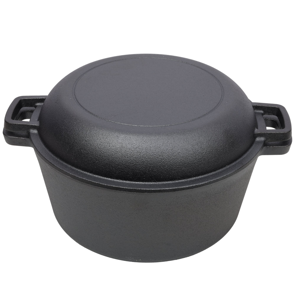 2 in 1 Pre-Seasoned Cast Iron Dutch Oven With Dual Handles, Outdoor Camping Deep Pot for Camping Fireplace Cooking BBQ Baking Campfire, 5 Quart.With 2pcs Silicone Handel Covers.