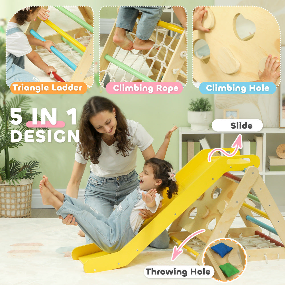 Qaba 5 in 1 Pikler Triangle Set, Indoor Toddler Climbing Toys with Slide & Sandbags, Montessori Climber, Baby Gym Play Set, Playground for Kids 18-48 Months, Multicolored