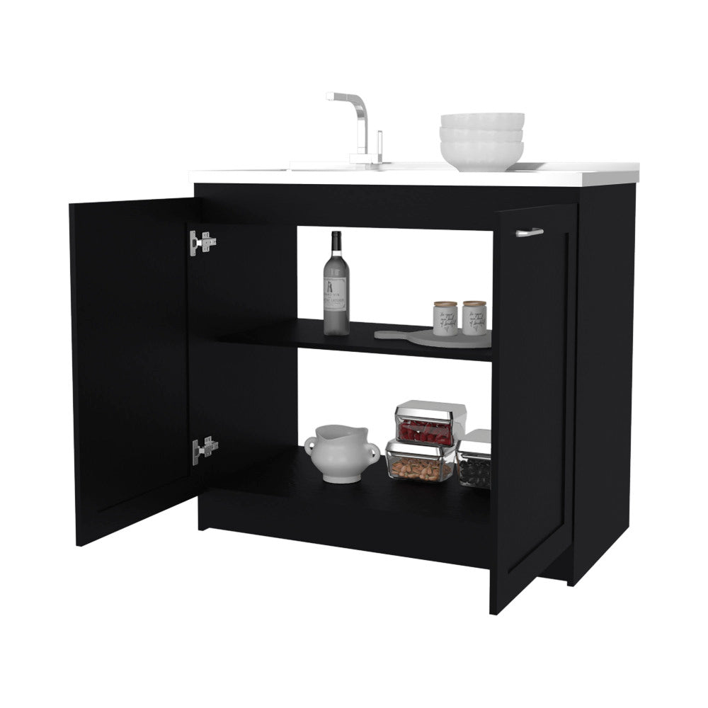 FM FURNITURE Haivana Utility Sink Base Cabinet with Double Doors and Interior Shelf, Black