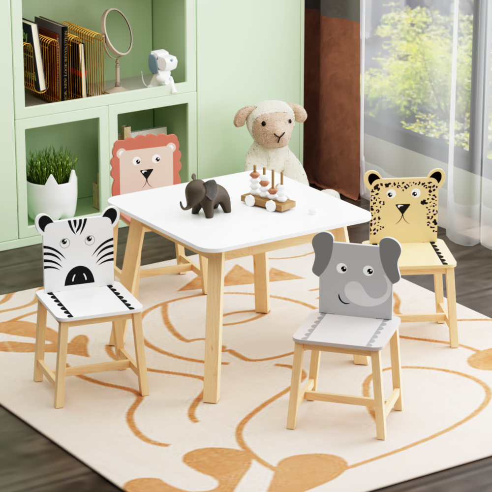 Kids Table and 2 Chairs Set, 3 Pieces Toddler Table and Chair Set, Wooden Activity Play Table Set (Bear&Tiger)