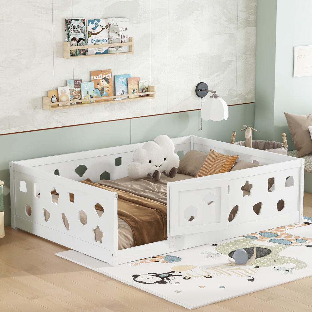 Twin Size Floor Bed with Heightened Safety Guardrails and Door, Solid Wood Bedframe with Rails for Girls, Boys, Teens, Child Bedroom, Kids Playroom, No Slats Included, White