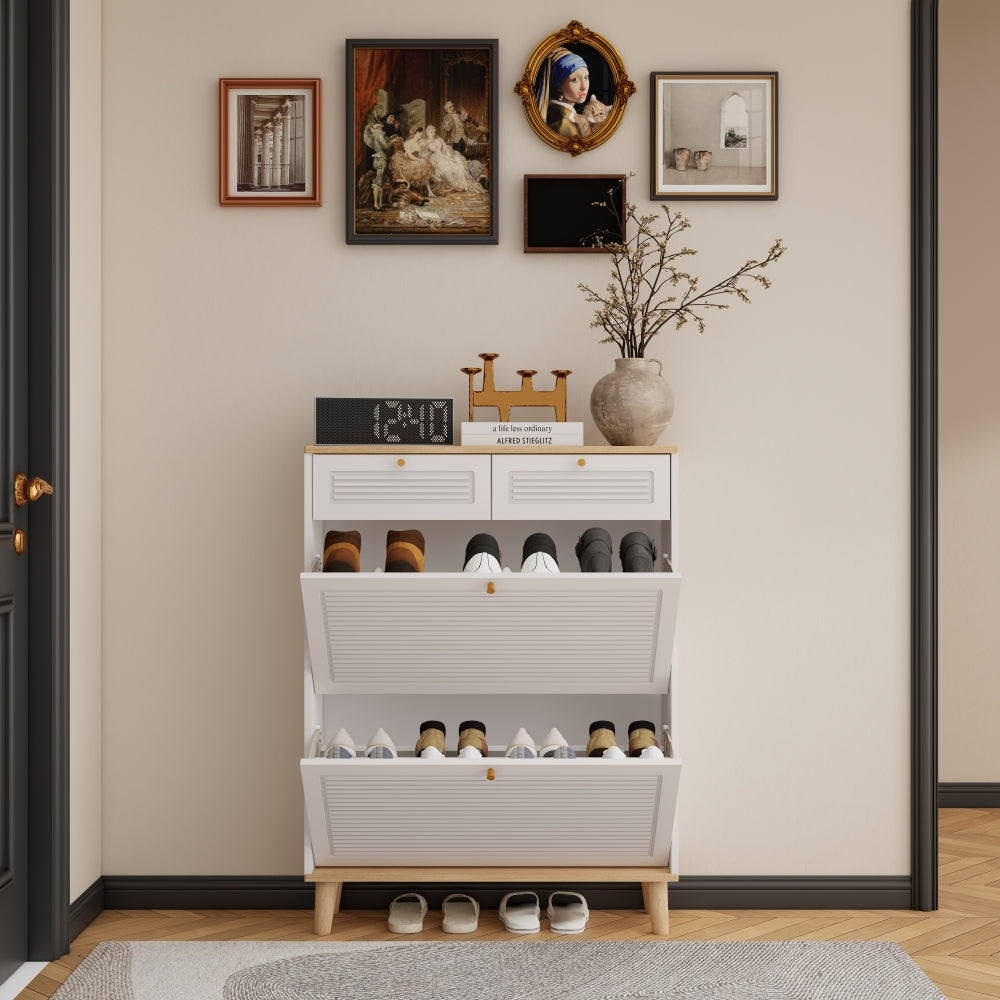 Shoe cabinet with 2 flip-up doors and 2 drawers,narrow shoe rack cabinet,freestanding shoe organizer,shoe organizer for entryway,with natural wood legs(white natural)