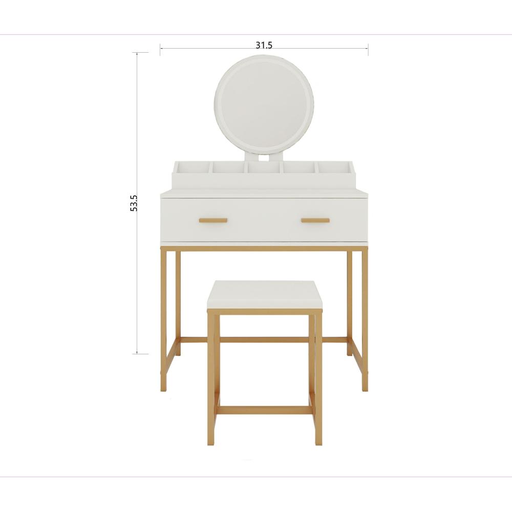 Vanity Set with Mirror and Stool - Makeup Vanity Table with Storage Drawers and Organizer, White and Gold, Space-Saving Design for Small Bedrooms