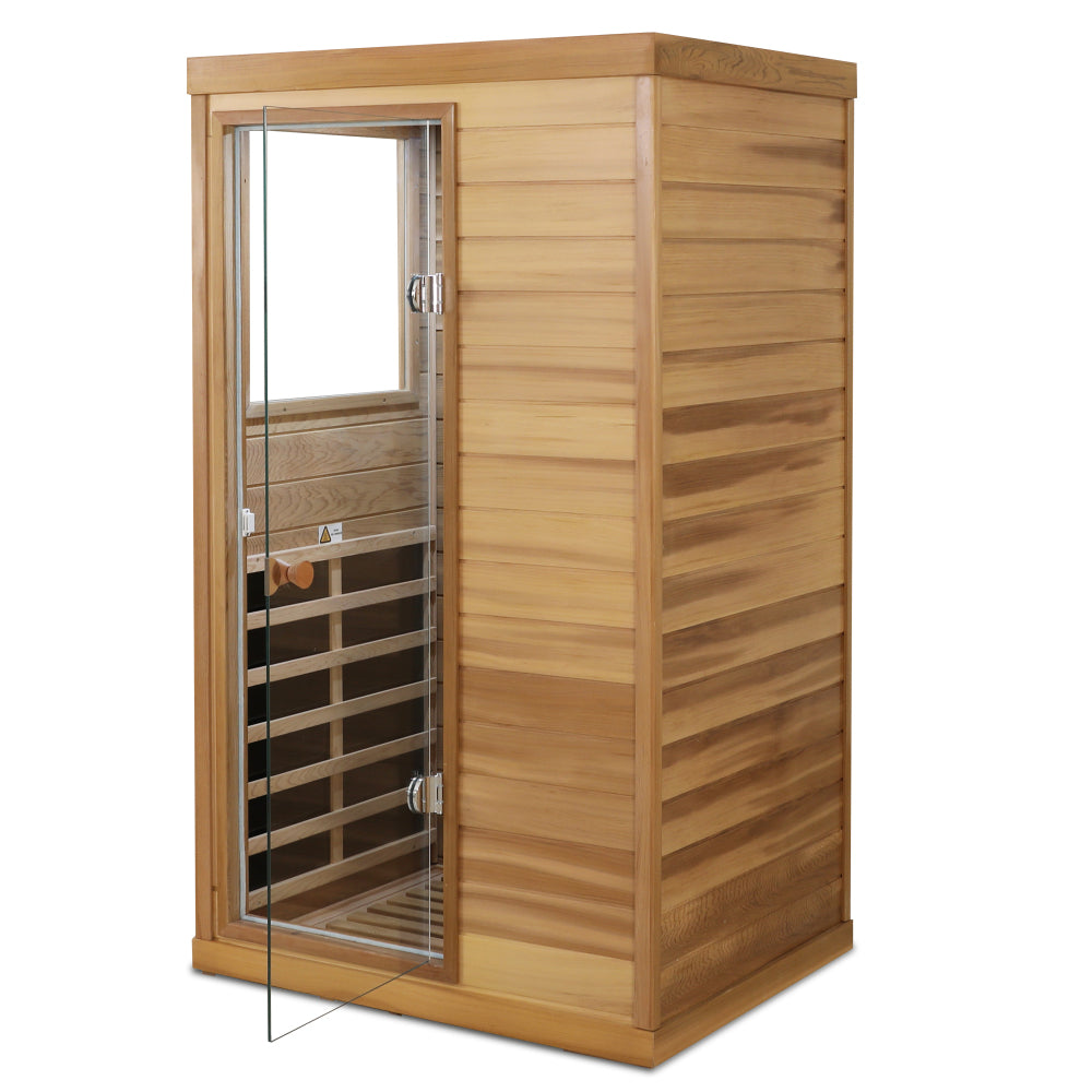 Red cedar Mini one person far infrared glass door on the left of the indoor sauna room