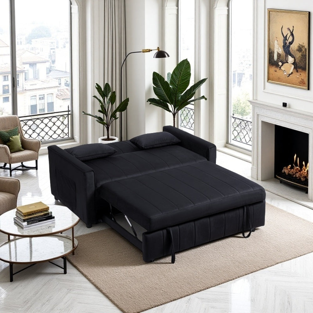 Sleeper Sofa Bed, 3-in-1 Velvet Pull Out Couch with Armrests, Storage Pockets and 2 Pillows, Adjustable Backrest, Sofa Bed Couch for Living Room, Bedroom(Black)