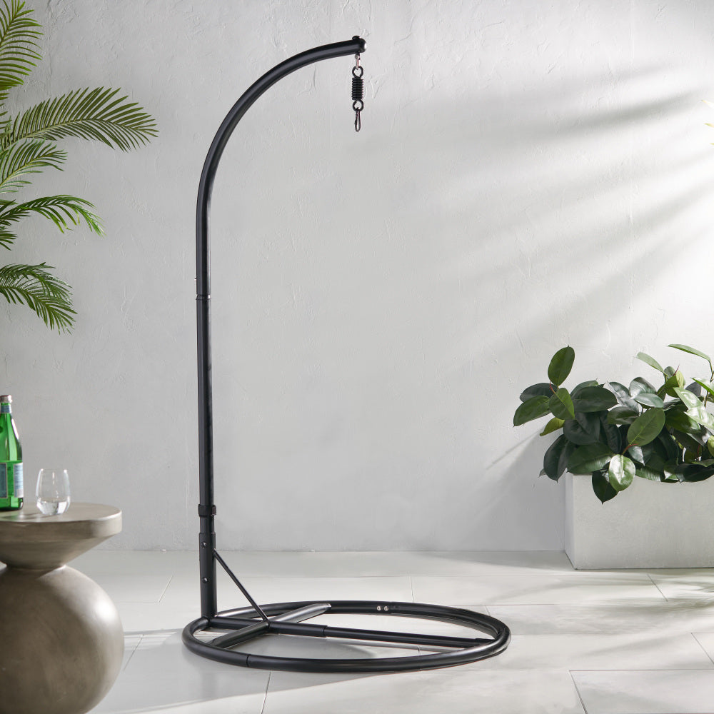Durable Hanging Chair Bottom Stand with Safety Belt in Black Iron, 44 x 44 x 80 Inches