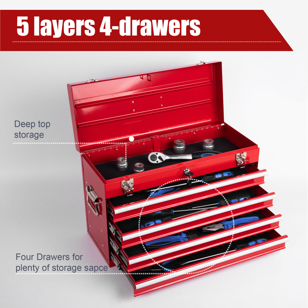 Heavy Duty Metal Tool Box, 21-inch, Portable Metal Tool Box with 4 Drawers, Small Tool Chest with EVA Liners, Ball Bearing Slide Drawers Locking & Powder Coated Finish, Multi-Function Tool Organizer