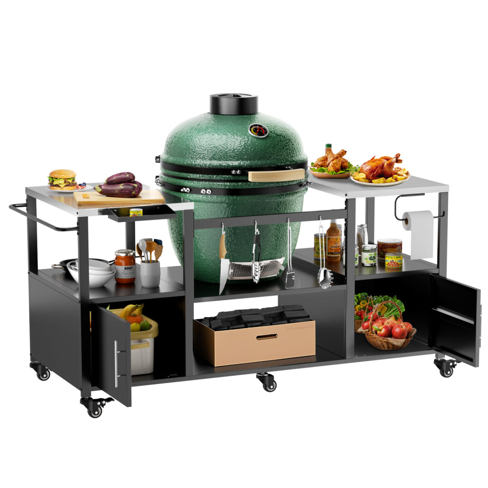 Outdoor Grill Table for Big Green Egg Style BBQ, Metal Grill Cart with Storage Box, Compatible with up to Large Green Egg, Kamado Joe Jr