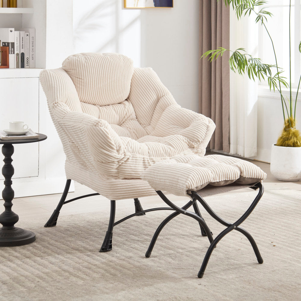 Lazy Chair with Ottoman, Modern Lounge Accent Chair with Armrests and a Side Pocket, Leisure Upholstered Sofa Chair Reading Chair with Footrest for Small Space, Corner Chair-Grey
