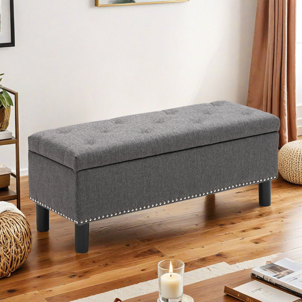 Storage Ottoman Bench with Wood Legs, Upholstered Bedroom Bench with Button-Tufted, Storage Bench with High-density Resilient Sponge Rivet Design for Bedroom, Linen, Beige