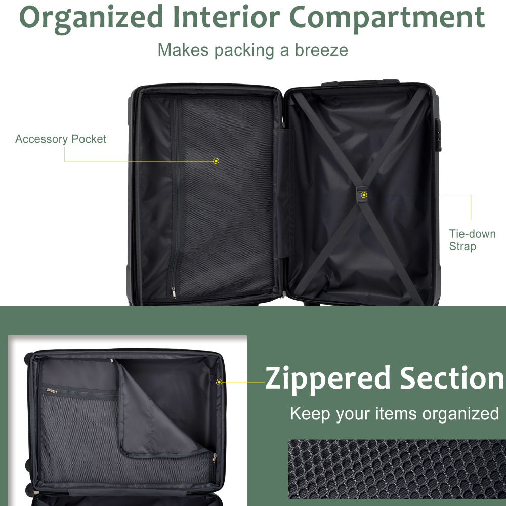 Luggage Sets 3 Piece, Hard shell ABS Lightweight Durable Suitcases with Double Spinner Wheels 20/24/28 Inch (Green)